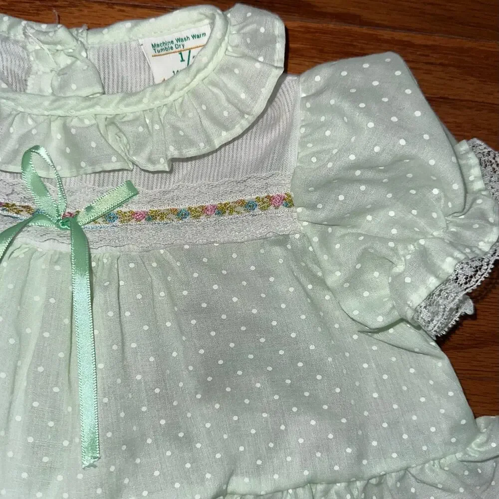 Vintage Toddle Time JcPenney Light Jade Green Dot Ruffle Prairie Baby Dress 6-9M